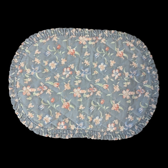 VTG 90s Cottagecore Set Of 6 Blue Floral Quilted W Ruffled Edge Oval Placements - Picture 2 of 6